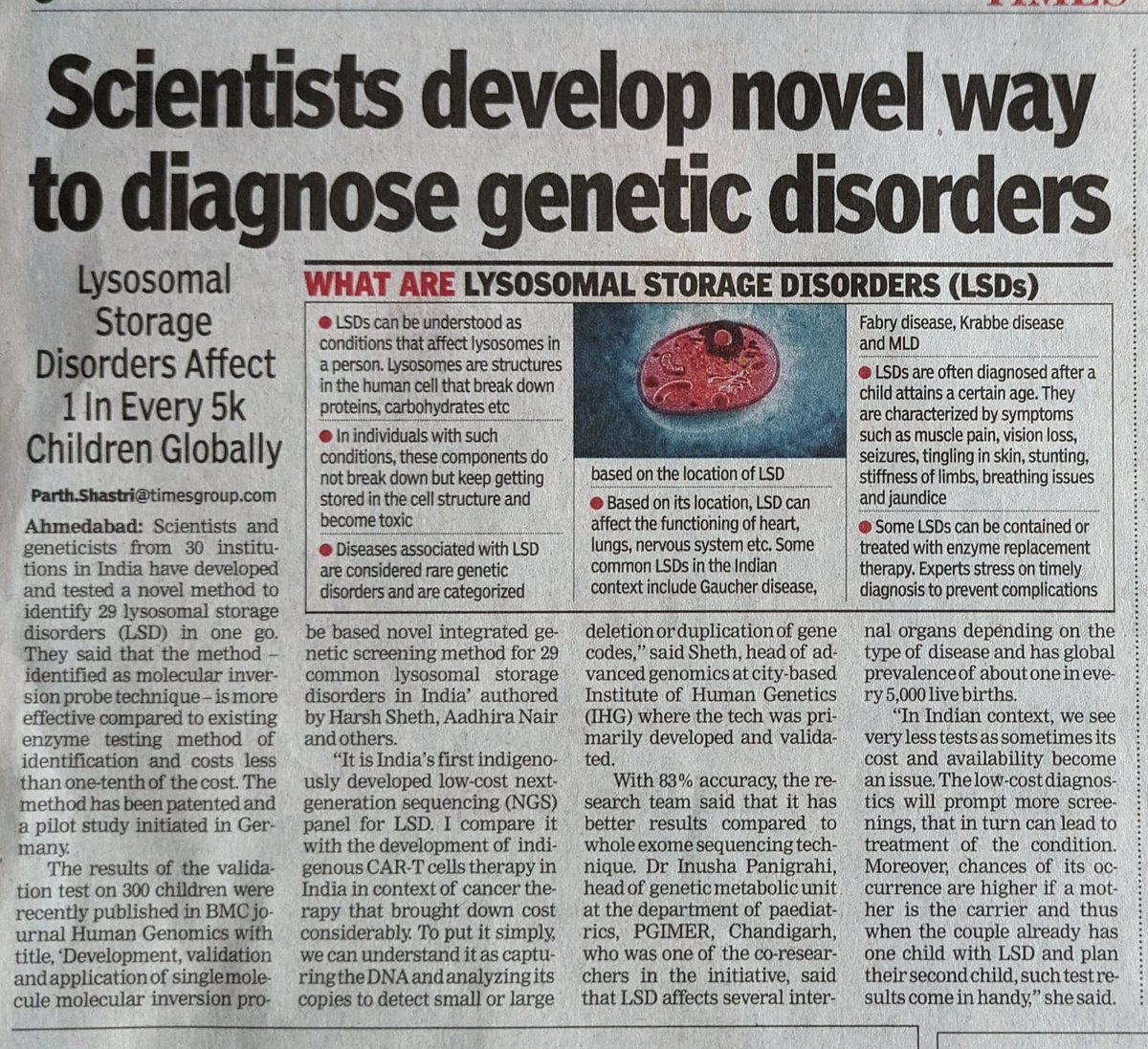 professor_gene's tweet photo. Delighted to see our novel #smMIP based #NGS assay for rapid, affordable, high throughput and automatable diagnosis of 29 common #LysosomalStorageDisorders in #India being captured by @timesofindia today. https://t.co/TCCG94ztda