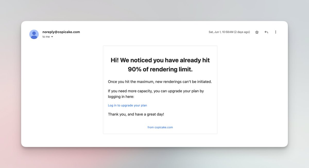 ryuu_dev's tweet photo. @copicakeapp can now send transactional emails 🎆

After monitoring, I think it's essential to send reminders to users about their current usage, so they can decide what to do next, either by upgrading or reducing the usage.

Here are some takeaways to share 👇 

#buildinpublic https://t.co/joaUWiXI8M
