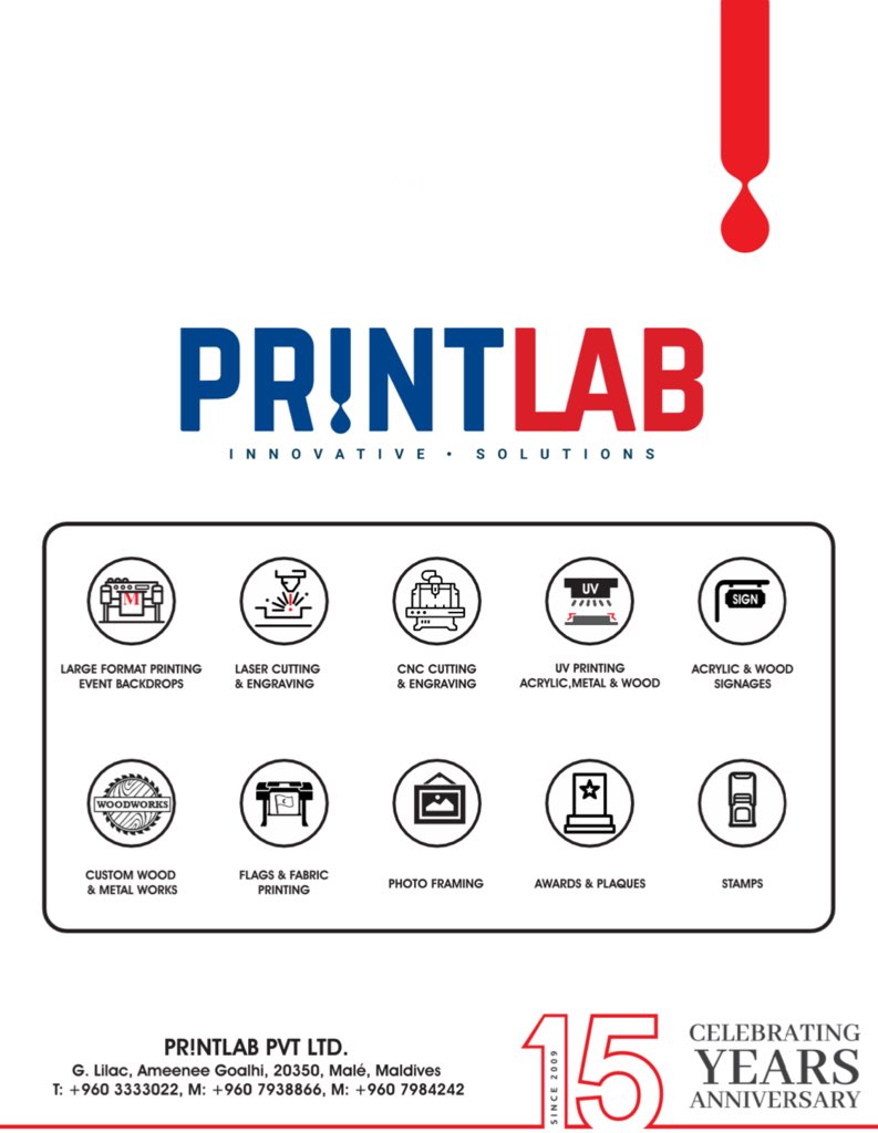 Midhuamsaud's tweet photo. This milestone not only celebrates 15 years of business services for #PrintLab but also 15 years of social services and support.
Over the past eight years, #PrintLab has consistently supported and assisted our NGOs, @MCTCOmv & @commonersmv , whenever we needed.
Happy Anniversary and thank you for your dedication and service.