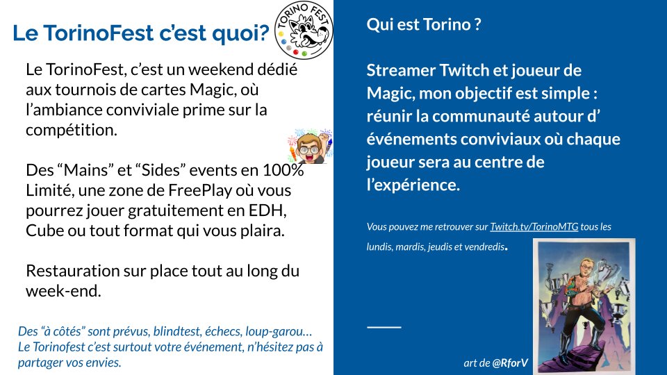 TorinoMTG's tweet photo. 🥳Les infos du #TorinoFest sont là et les inscriptions sont ouvertes.  

Venez passer un weekend entre copains, le gathering mis au centre de l'événement.

Du limité tout le weekend, une zone libre ou vous pourrez jouer en cube ou EDH.

De la restauration 🍻🍔 et des animations ! https://t.co/9Z3XLpHAI2
