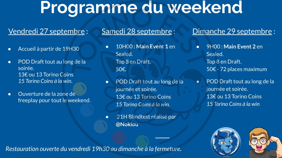 TorinoMTG's tweet photo. 🥳Les infos du #TorinoFest sont là et les inscriptions sont ouvertes.  

Venez passer un weekend entre copains, le gathering mis au centre de l'événement.

Du limité tout le weekend, une zone libre ou vous pourrez jouer en cube ou EDH.

De la restauration 🍻🍔 et des animations ! https://t.co/9Z3XLpHAI2