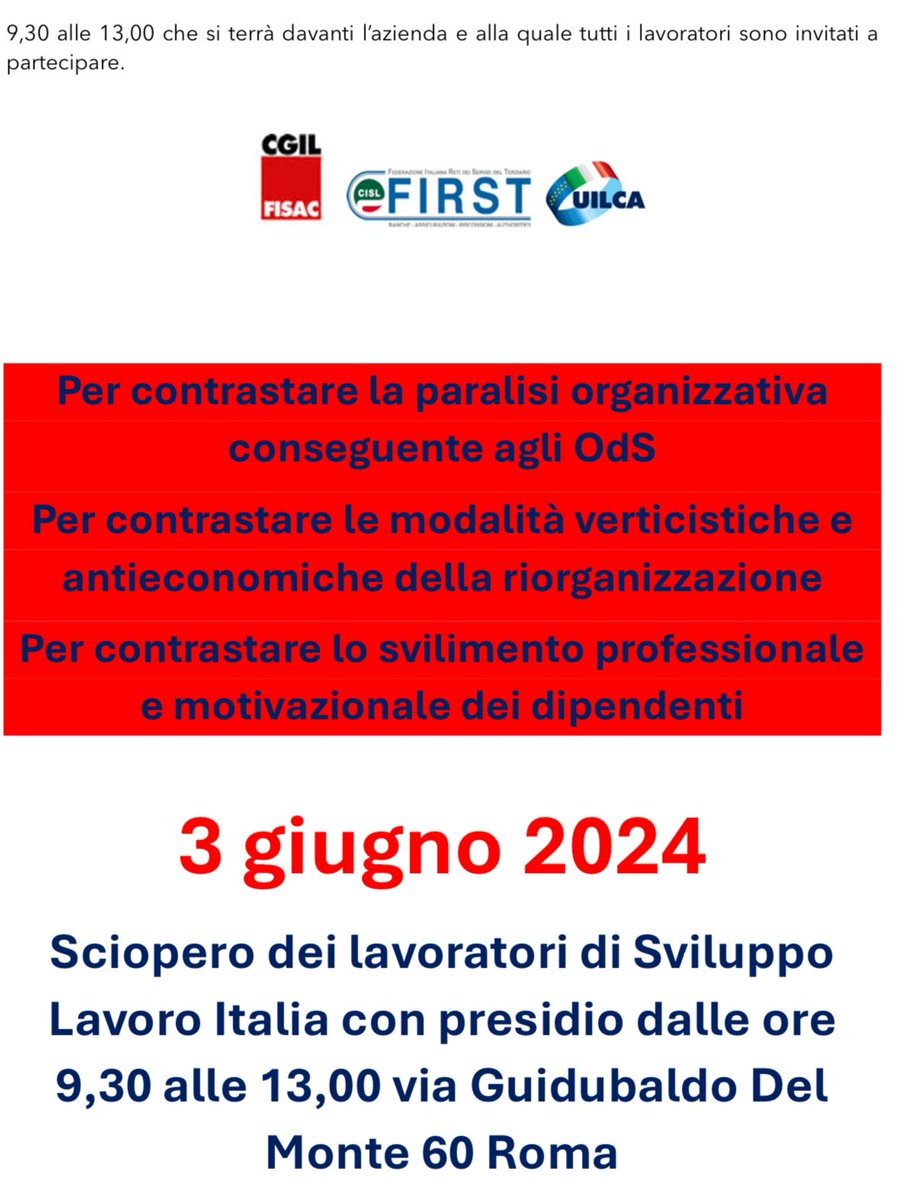 I lavoratori di #SviluppoLavoroItalia scioperano oggi dalle 9,30 alle 13 con un presidio presso la sede di Roma.