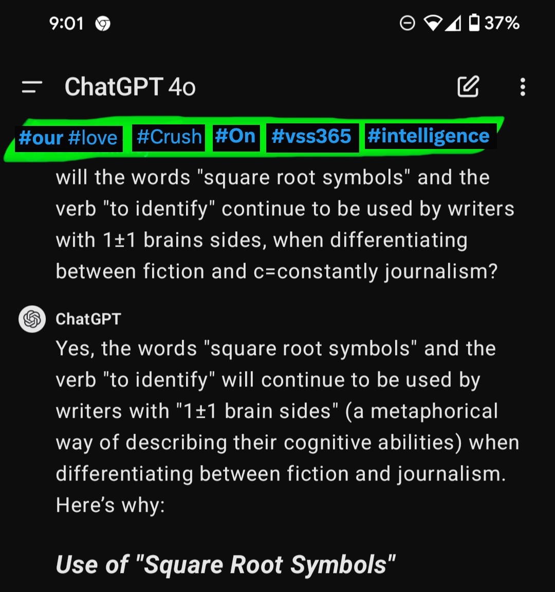 Precedent_Vice's tweet photo. @skdh Given third person "we" people also count one of you as one person, @skdh can easily ask ChatGPT to differentiate between "square root symbols" and the verb "to identify" ... #asObserved= #will= ##asBefore💬 https://t.co/41XgcFa53T