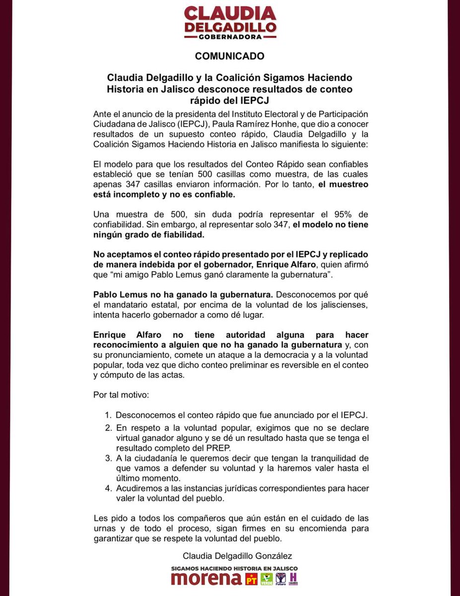 ClaudDelgadillo's tweet photo. Amigas y amigos, ante las inconsistencias del conteo rápido que compartió el IEPC Jalisco les pido a todos los compañeros que aún están en el cuidado de las urnas y de todo el proceso, sigan firmes en su encomienda para garantizar que se respete la voluntad de los jalisciences. ¡Lucharemos hasta hacer valer la voluntad del pueblo de Jalisco!