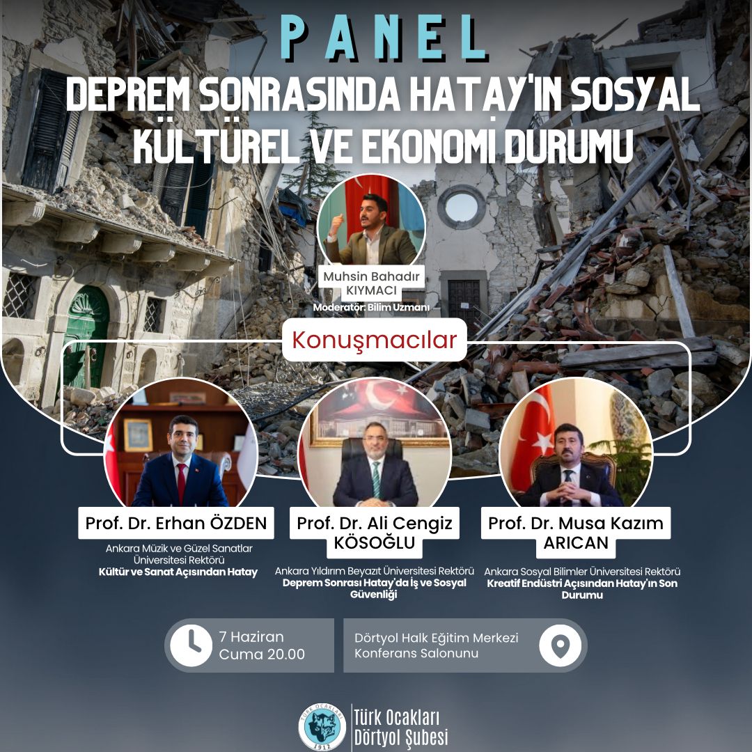 PANELE DAVET

🚩Deprem Sonrasında Hatay'ın Sosyal, Kültürel ve Ekonomi Durumu

🎙️KONUŞMACILAR

Prof. Dr. Erhan Özden (Ankara MGÜ Rektörü)

Prof. Dr. Ali Cengiz Kösoğlu (AYBÜ Rektörü)

Prof. Dr. Musa Kazım Arıcan (ASBÜ Rektörü)

🗓️ 7 Haziran Cuma

⏰ 20.00