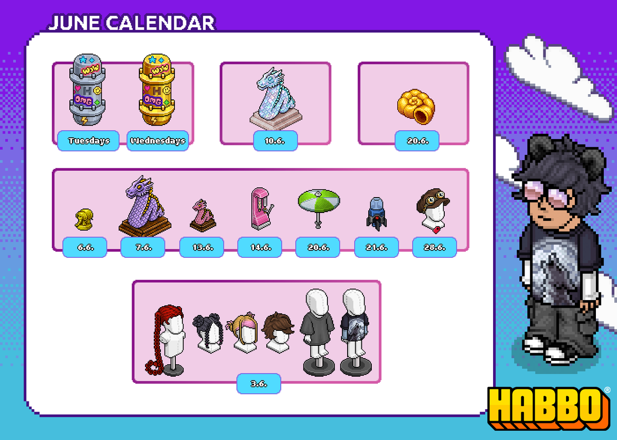 Habbo's tweet photo. 📅 June's item release dates!