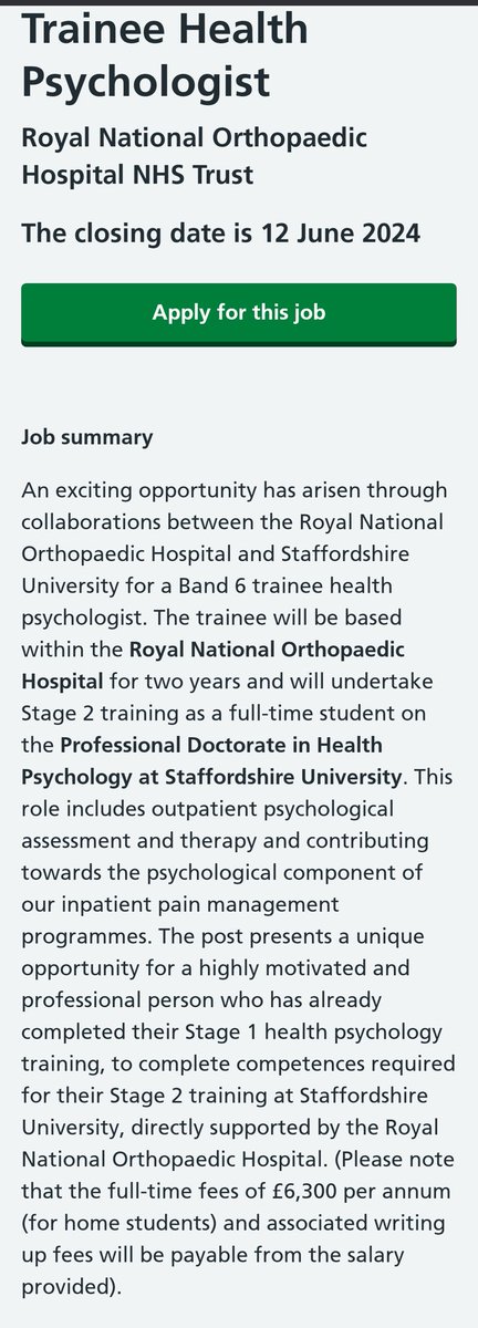 Come join our team @RNOHnhs &amp; <a href="/StaffsPsych/">Staffs Uni Psychology</a>

B6 #TraineeHealthPsychologist 
c/d 12/06/24, 2 yrs fixed term

beta.jobs.nhs.uk/candidate/joba…

RT <a href="/divhealthpsych/">BPS DHP</a>