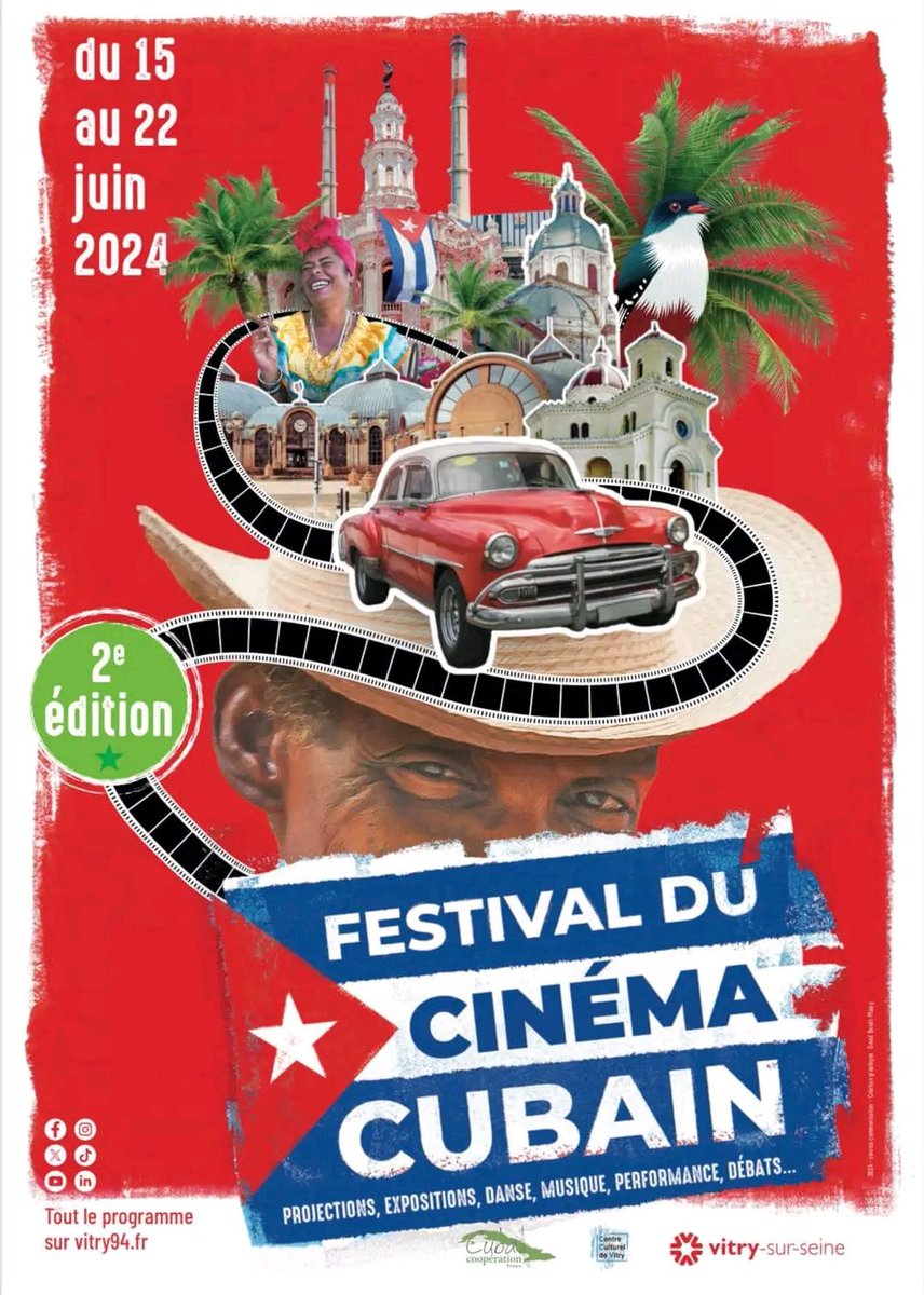 📽<a href="/mairievitry/">Vitry-sur-Seine</a> Vous invite 👇
2ème édition du Festival Cinéma🇨🇺

🗓***DU 15 AU 22 JUIN***

**7 longs métrages** 
**1 programme de courts métrages** (entrée libre)
**2 ciné-plein-air **(entrée libre)
**2 cinés-débats**

Programme: 3cines.vitry94.fr