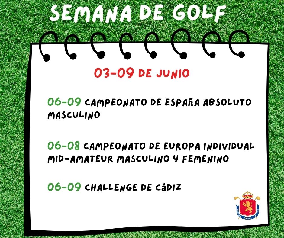 rfegolf's tweet photo. 📅 𝗔𝗚𝗘𝗡𝗗𝗔 𝗗𝗘 𝗟𝗔 𝗦𝗘𝗠𝗔𝗡𝗔| El domingo conoceremos al nuevo campeón de España Absoluto en Borriol. Pero es que además tenemos a nuestros mejores Mid Ams jugando en Letonia y un Challenge en Cádiz.

Como siempre, nos vamos a divertir.

#CalendarioRFEG https://t.co/2lg8BkDJNR
