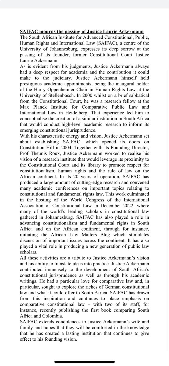 <a href="/SAIFAC_UJ/">SAIFAC</a> mourns the loss of its founder, Justice Laurie Ackermann, and pays tribute to his legacy in creating an institution that produces cutting-edge research to advance South Africa’s constitutional project.