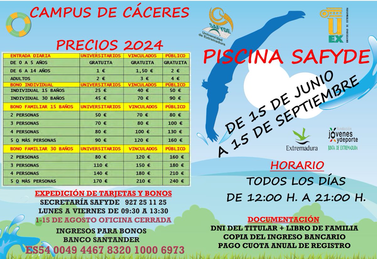 PISCINA VERANIEGA UNIVERSIDAD DE EXTREMADURA - CAMPUS CÁCERES - <a href="/infouex/">UEx</a> 
¿Un RT de difusión? Gracias

<a href="/fcd_uex/">F CC Deporte - UEx</a> <a href="/EPCC_Unex/">Escuela Politécnica CC</a> <a href="/DerechoUEX/">DerechoUEX</a> <a href="/CVUEx/">Campus Virtual UEx</a> <a href="/RRII_UEx/">UEx International</a> <a href="/UExDivulga/">Cultura Científica UEx</a> <a href="/descubreUEX/">Portal de Divulgación UEX</a> <a href="/ExtensionUex/">Extensión Universitaria UEx</a> <a href="/IgualdadUEx/">Igualdad UEx</a> <a href="/SepyeUEx/">Servicio de Prácticas y Empleo UEx</a> <a href="/UexBiblioteca/">Biblioteca Universidad de Extremadura</a> <a href="/opendataUEX/">opendataUEX</a> <a href="/smartopenlab/">SmartOpenLab (EPCC - UEx)</a> <a href="/infovetcaceres/">Facultad Veterinaria</a> <a href="/FylUex/">FylUEX</a>