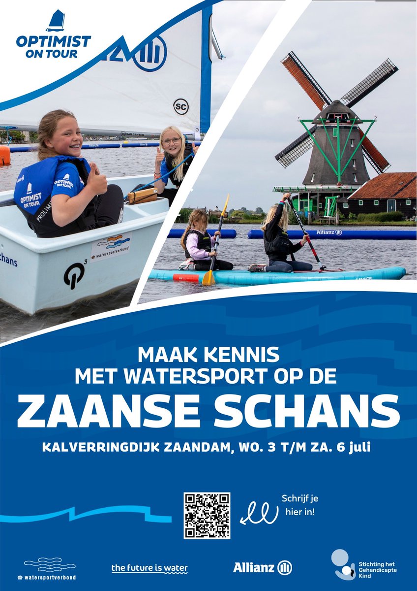 Optimist on Tour komt terug naar de Zaanse Schans! Van 3 t/m 6 juli kunnen kinderen gratis kennismaken met watersporten zoals zeilen, suppen en kanoën. Meer info en inschrijven tinyurl.com/Optimist-on-to…