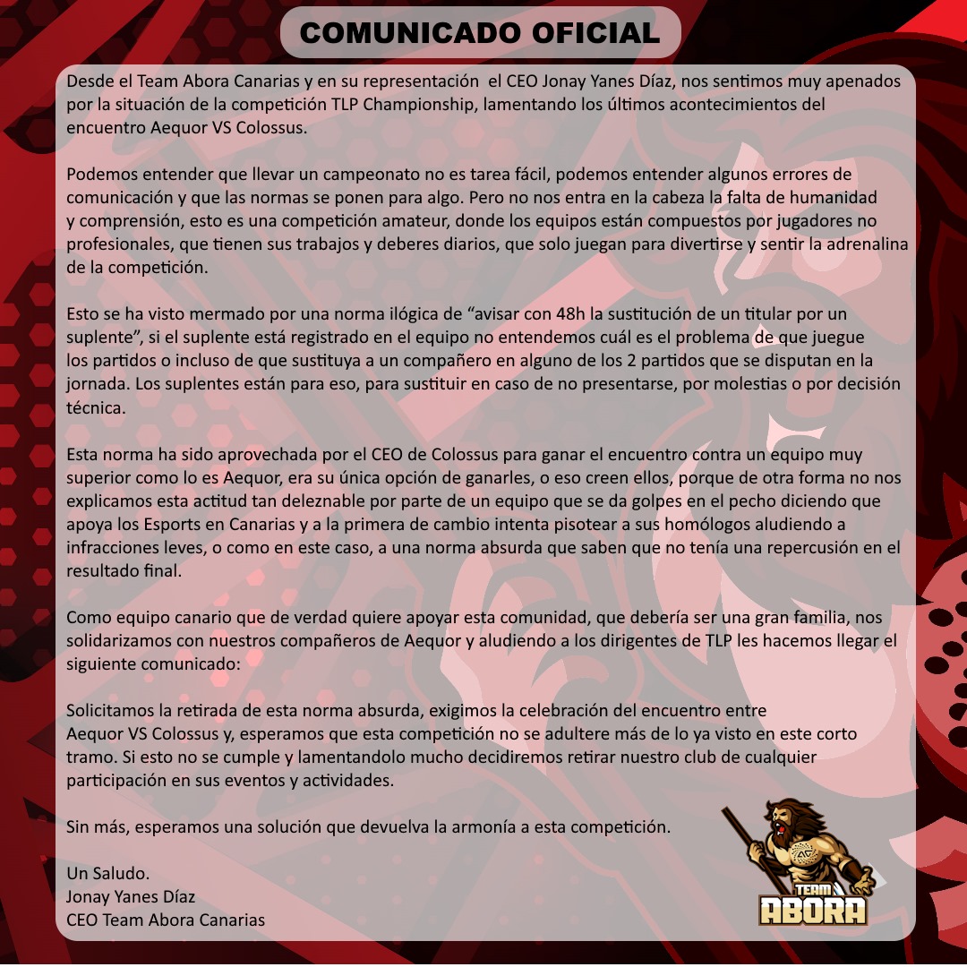 COMUNICADO OFICIAL sobre lo acontecido en la última jornada y en solidaridad con nuestros compañeros de <a href="/AequorGaming/">Aequor Gaming</a> esperamos una rápida solución por parte de <a href="/TLPEsports/">TLP Esports</a> y rezamos para que <a href="/TLPTenerife/">TLP Tenerife</a> no tenga estás incidencias en un evento tan grande e importante para