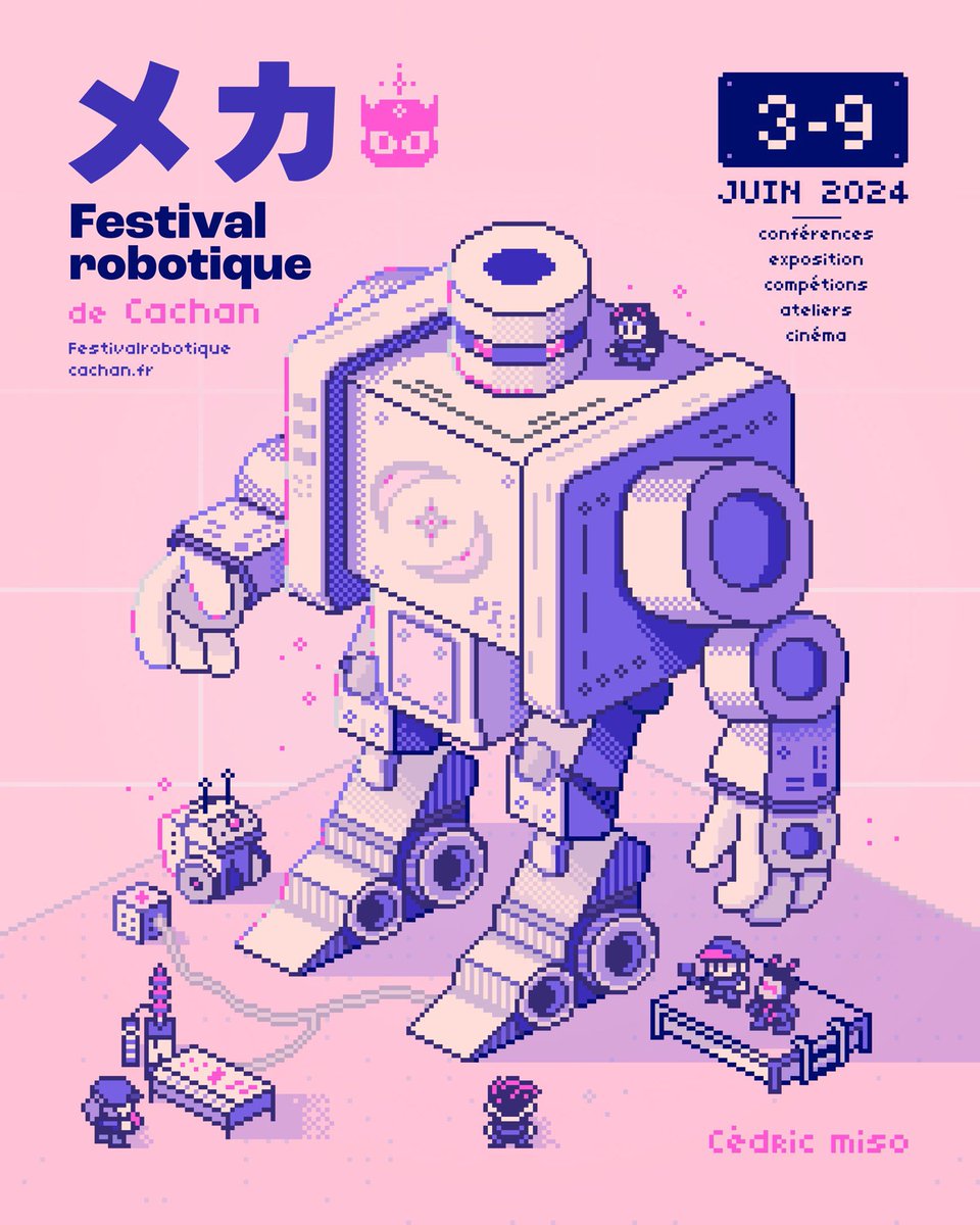 Aujourd’hui au 9 juin c’est le <a href="/FestivalCachan/">FESTIVAL ROBOTIQUE DE CACHAN</a> ! Ça m’a donné l’idée de faire cette affiche pour le fun 😁 #pixel #pixelart #robot