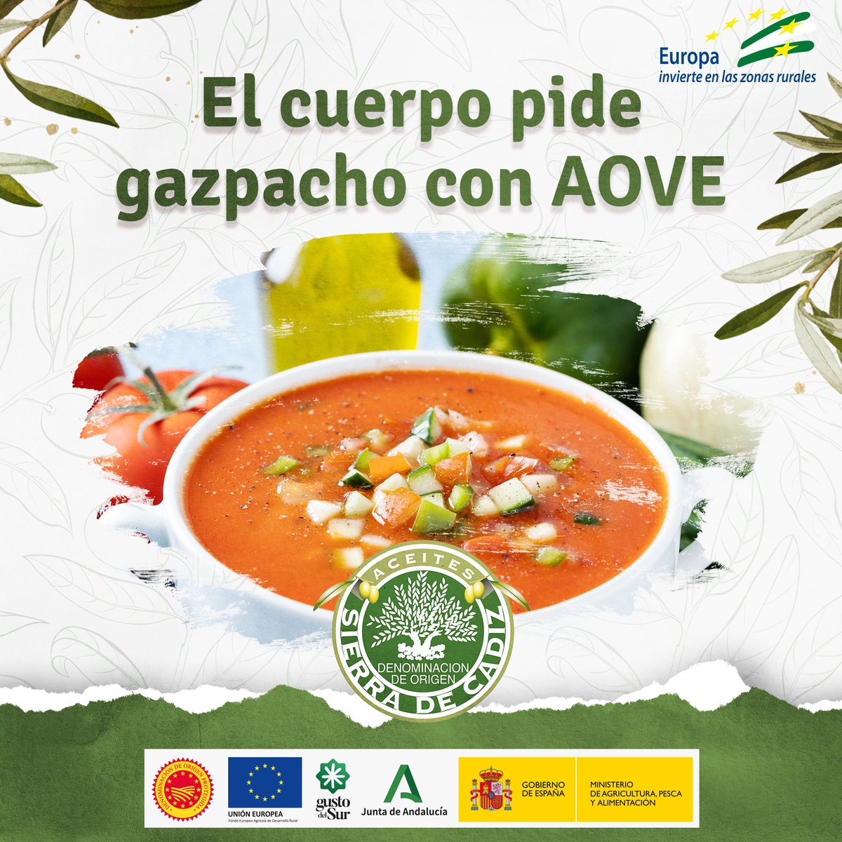 Refrescate este verano con nuestro Gazpacho Andaluz, realzado con el mejor Aceite de Oliva Virgen Extra de la Sierra de Cádiz.

Combina tomates frescos, pepinos, pimientos, y un toque de AOVE para una textura suave y un sabor inolvidable.

▶️ dopsierradecadiz.com ◀️
