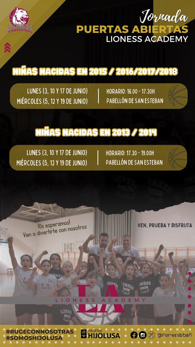 LionessBball's tweet photo. | LIONESS ACADEMY 🦁🏀 |

Durante el mes de junio…
‼️JORNADA DE PUERTAS ABIERTAS‼️

Totalmente GRATUITO, solo tienes que traer ganas de pasarlo bien y disfrutar 🙌🏻⛹🏼‍♀️

📆 Días:
Lunes (3, 10 y 17 de junio)
Miércoles (5, 12 y 19 de junio)

📍Lugar: Pabellón de San Esteban https://t.co/Y42FhpdRA7