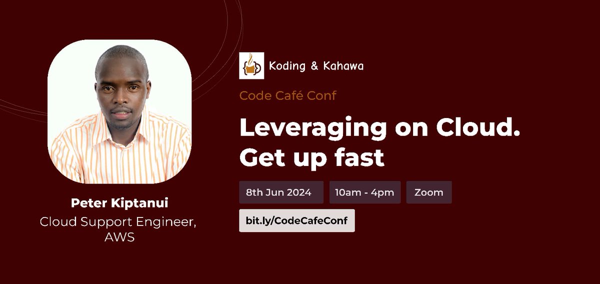 KodingKahawa's tweet image. Code Café Conf 2024 Session Highlight:

Speaker:Peter Kiptanui, Cloud Engineer at AWS
Title: Leveraging on Cloud. Get up fast
Time: 8th June 10:30 am EAT
Registration link: bit.ly/CodeCafeConf
#CodeCafeConf2024 #AI #CloudComputing #CareerDevelopment #TechEvent