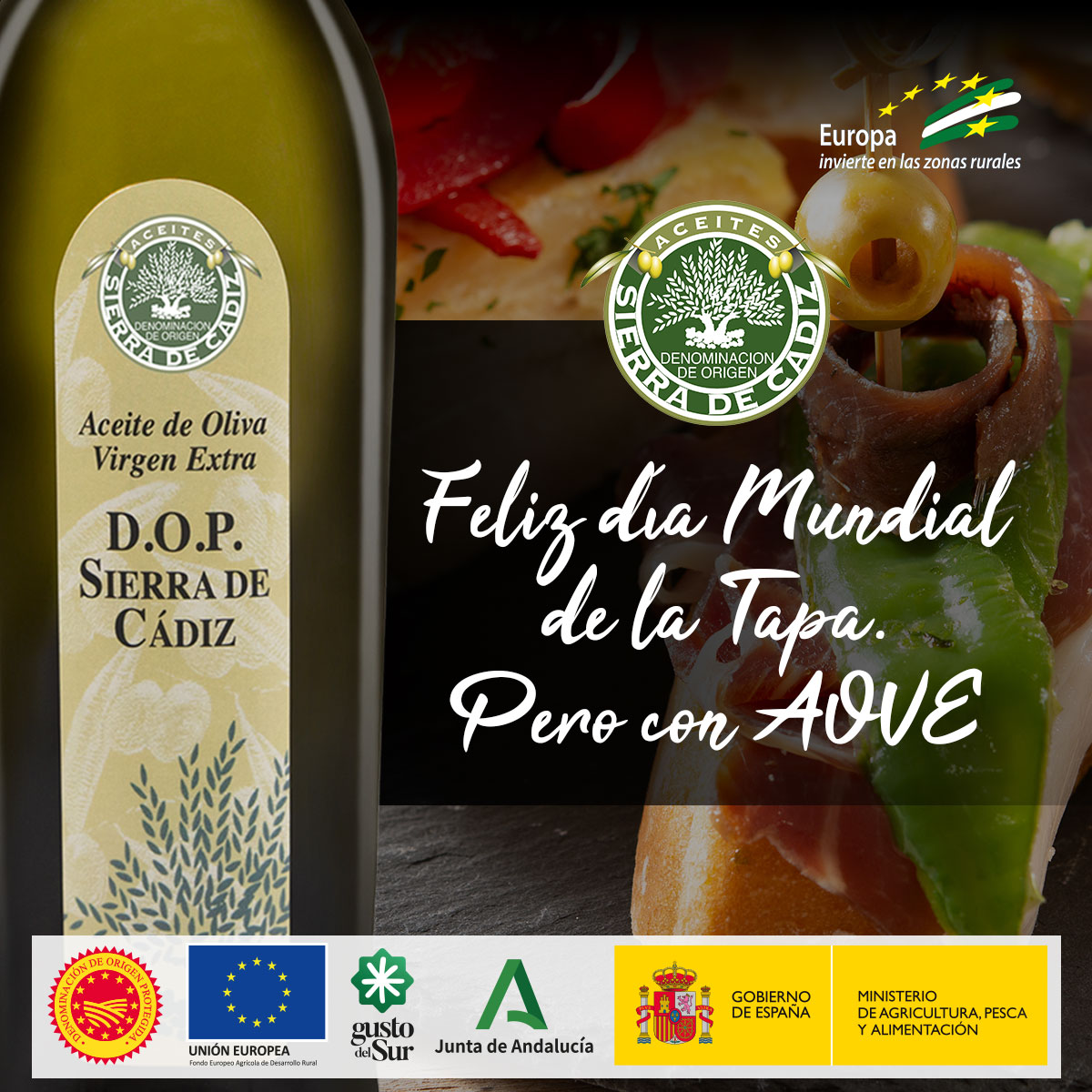 Celebra con nosotros añadiendo un toque especial de Aceite de Oliva Virgen Extra a tus tapas favoritas. Desde una simple bruschetta hasta un sofisticado pincho, el AOVE realza los sabores y convierte cualquier tapa en una experiencia gourmet.  
▶️ dopsierradecadiz.com ◀️