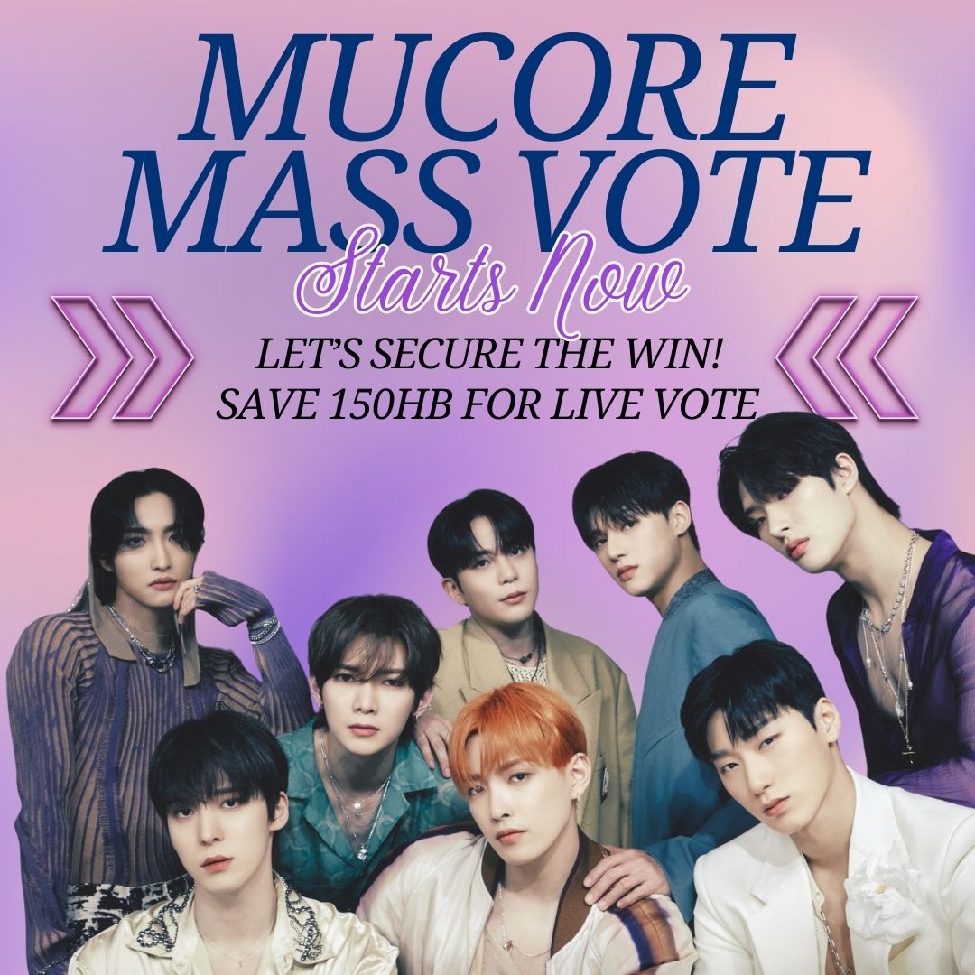[📢] MUCORE MASS VOTE!

 ⏰: Until June 6th 11AM KST
 📍: Mubeat App

- Unlimited votes
- Save 150 Heart Beats/acc for Live Vote (8th June 15.30 KST)

Keep the votes coming in, let’s ace this🙌🏻

#ATEEZ #에이티즈 #GOLDENHOUR #GOLDENHOUR_Part1 #WORK <a href="/ATEEZofficial/">ATEEZ(에이티즈)</a>