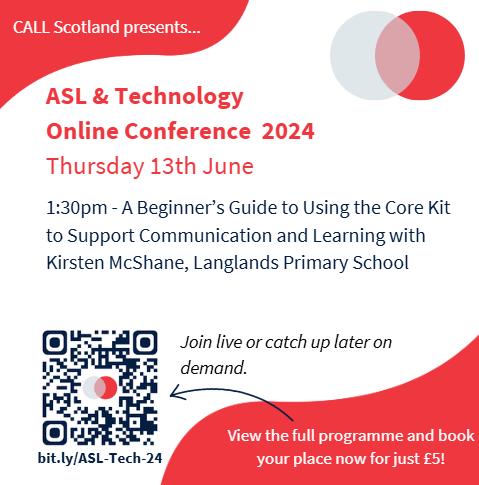 CALLScotland's tweet photo. ASL & Technology 2024 is just 9 days away!
Here's another snapshot of what you can expect...
At 1.30pm Kirsten will be sharing her recent classroom experience of using the CALL Scotland Core Word Kit.
https://t.co/5b3j0B0rFg
#ASLTech24 https://t.co/clCo5csUQX