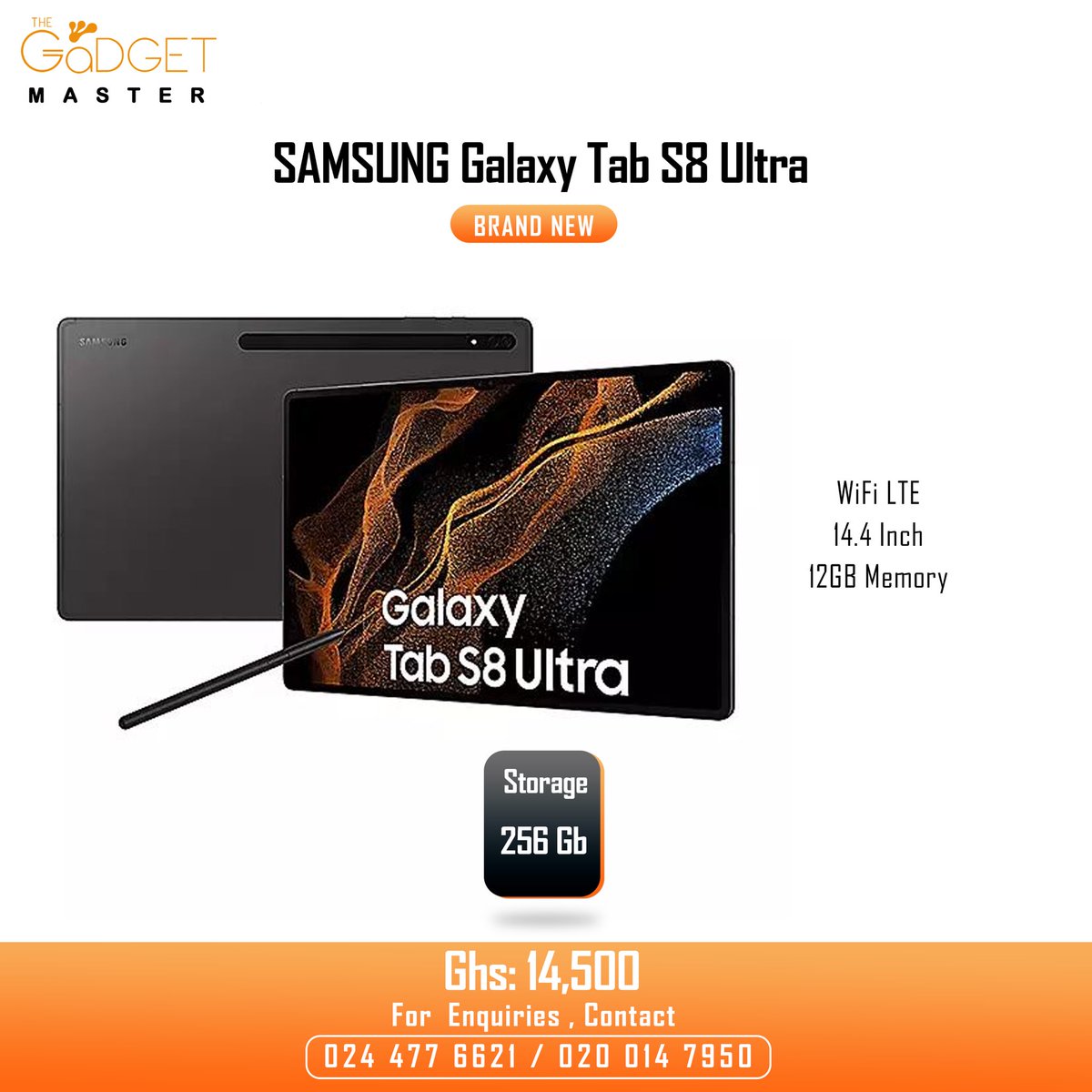 TheGadgetMaster's tweet image. SAMSUNG 
Galaxy Tab S8 Ultra 
12GB Memory 
256GB Memory 
WiFi LTE 
14.4 Inch 

Price @ Ghs 14,500.00

Kindly Dm, call / WhatsApp 0244776621 / 020 014 7950 

#samsung #galaxy #taba8 #galaxytaba8 #galaxytabs8 #touchscreen #ghana #accra #galaxytaba9g