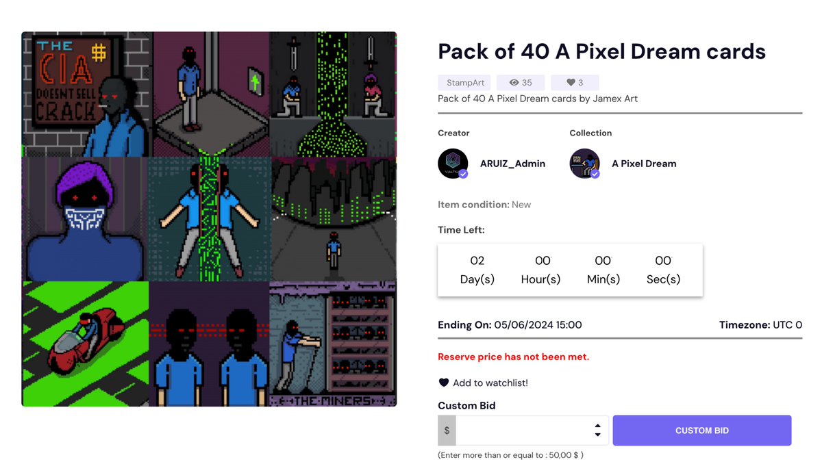 🚨Auction is NOW live🚨

Pack of 40 Cards "A Pixel Dreams" by @Jamex_Art 

🤯Yes, 40 Stamps in one Pack🤯

Here’s how to participate:
1️⃣ Sign up on our Platform: marketplace.valtius.io/product/a-pixe…
2️⃣ Make a deposit (BTC or USDT via Solana for low fees)
3️⃣ Place your bid and join the