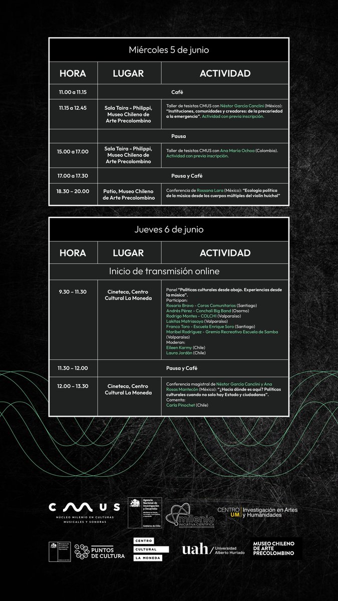 El programa del Seminario Interdisciplinario Culturas Musicales y Sonoras en Chile y América Latina se viene con todo. ¡Los esperamos! <a href="/Cmusmilenio/">CMUS</a>