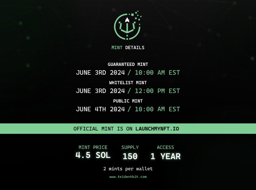 MINT IS OUT!! 🔥

Join us in Trident Kit Pass Mint FCFS for whitelist 
holders.

Congrats to the winner, <a href="/i_jemil/">JEMJ£M 🦾🎩</a> , winning a 
TKP airdrop!!

launchmynft.io/sol/5394
