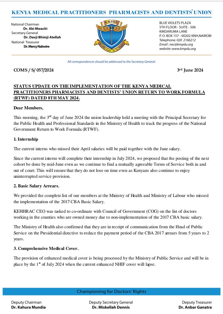 kmpdu's tweet photo. Status Update on the Implementation of the Kenya Medical Practitioners Pharmacists and Dentists' Union Return to Work Formula ( RTWF) dated 8th May 2024.
#qualityhealthcareforall
#doctors'right
@abimwachi @MiskellahMD @Davji @MOH_Kenya https://t.co/MH1hVVrEBy