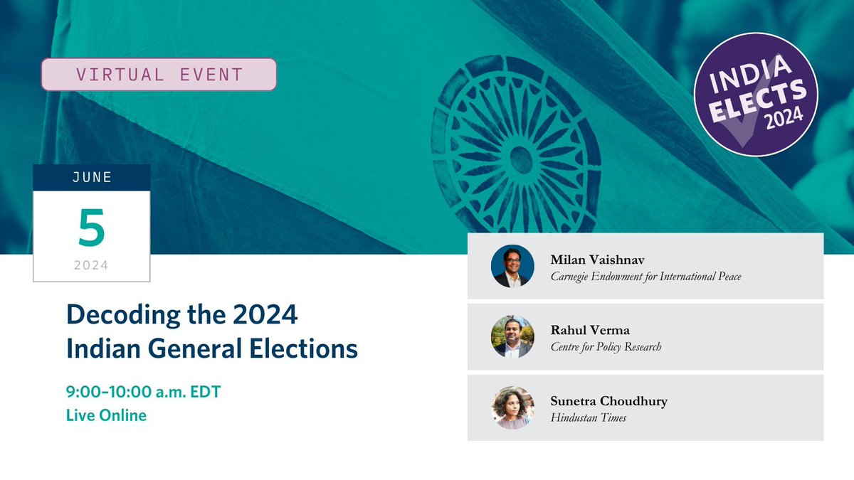 Milan Vaishnav (@milanv) on Twitter photo If you're looking for a breakdown of India's general election results and what they means for Indian politics, join <a href="/CarnegieEndow/">Carnegie Endowment</a> online on June 5 at 9 am ET (6:30 pm IST) for this #IndiaElects2024 conversation w/ <a href="/sunetrac/">sunetra choudhury</a> & <a href="/rahul_tverma/">Rahul Verma</a>. Register: carnegieendowment.org/events/2024/05… If you're looking for a breakdown of India's general election results and what they means for Indian politics, join <a href="/CarnegieEndow/">Carnegie Endowment</a> online on June 5 at 9 am ET (6:30 pm IST) for this #IndiaElects2024 conversation w/ <a href="/sunetrac/">sunetra choudhury</a> & <a href="/rahul_tverma/">Rahul Verma</a>. Register: carnegieendowment.org/events/2024/05…