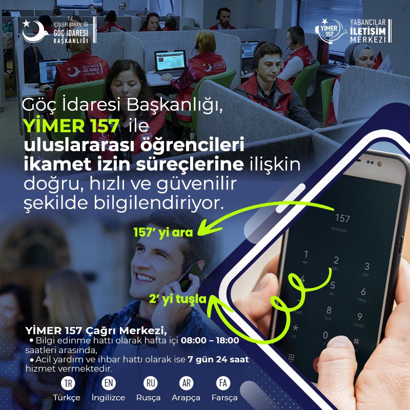 Uluslararası öğrenciler, Göç İdaresi Başkanlığımızın YİMER 157 Çağrı Merkezi ile ikamet izin süreçlerine ilişkin güvenilir bilgiye hızla ulaşabiliyor.<a href="/yimer157/">YİMER 157</a>, öğrencilerin bilgi eksikliğinden kaynaklanan mağduriyetler yaşamaması amacıyla hizmet veriyor.

goc.gov.tr/uluslararasi-o…