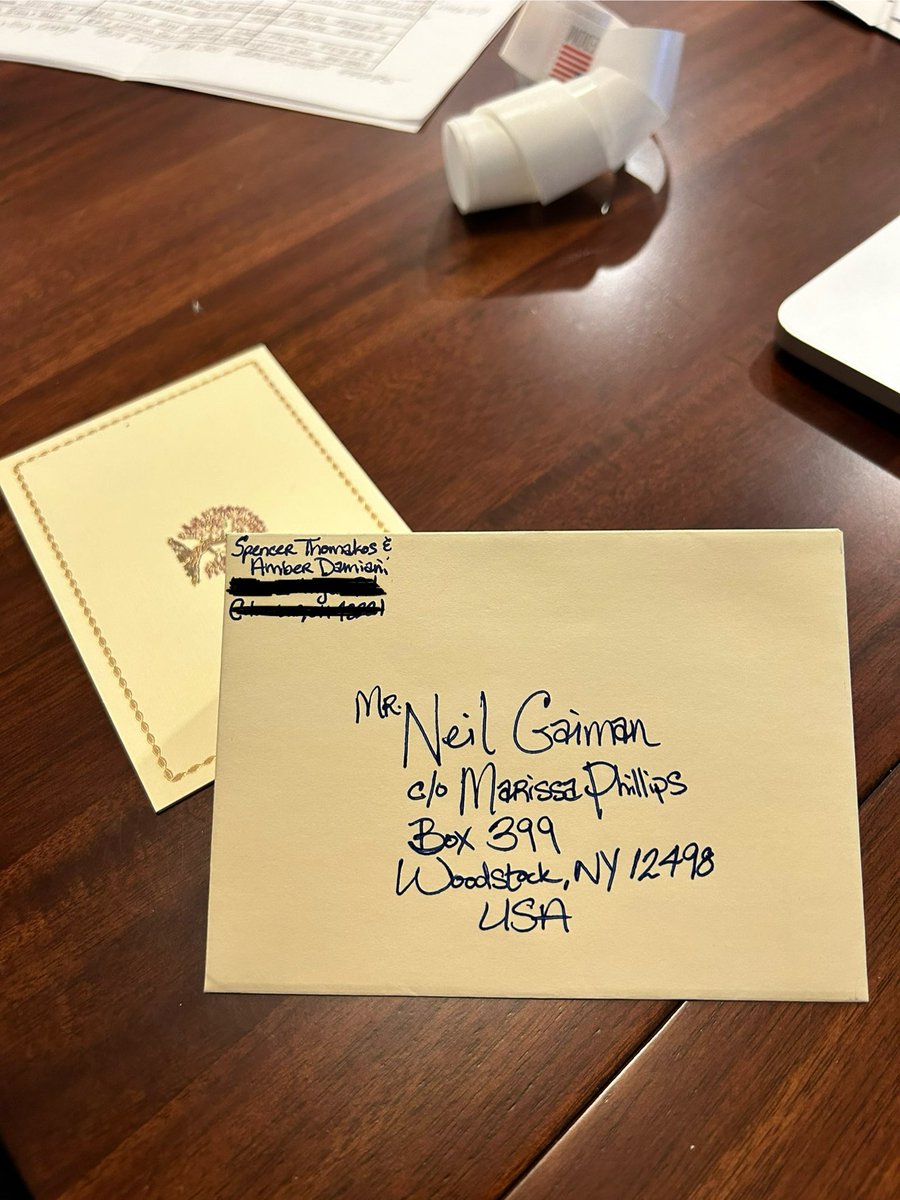 SpencerTheGreek's tweet photo. @neilhimself 
Good morning, Mr. Neil! 
Amber and I were wondering if you received our letter. 
We’re about a month out, so if you’ll be eating then we just need to know if you want beef, salmon, or veg.
Hope you are well! https://t.co/kQxW9TAIE9
