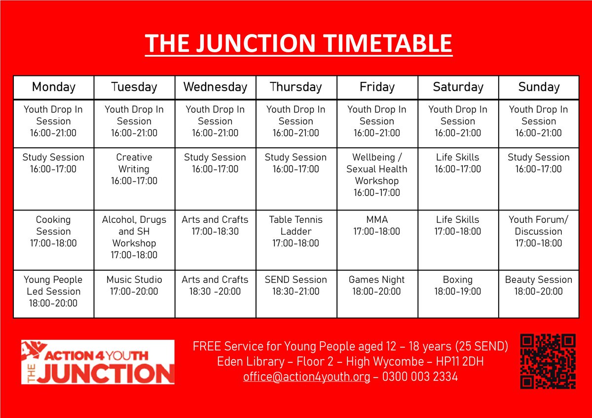 Action4Youth's tweet image. Check out the new schedule at The Junction here #NewSchedule #TheJunction  #HighWycombe #Action4Youth ow.ly/VC0550S1YgU