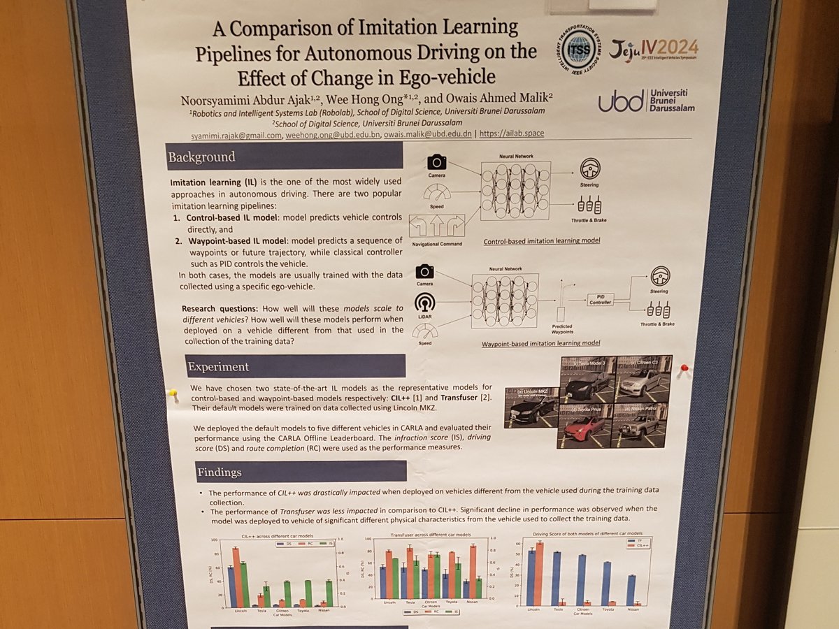 ailabspace's tweet image. Syamimi's paper presented at the IEEE Intelligent Vehicles Symposium (IV) 2024 held at the Jeju Shinhwa World Landing Convention Centre, 2-5 June.
Project page: ailab.space/projects/impro….
#robolab #ailabspace #ubdsds #ubd #brunei #ieeeiv #autonomousvehicles #autonomousdriving