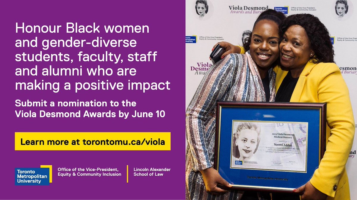 Lincoln Alexander School of Law (@lincalexlawtmu) on Twitter photo Celebrate the remarkable contributions of Black women & gender-diverse students, faculty, staff and alumni <a href="/TorontoMet/">Toronto Metropolitan University</a> through the #ViolaDesmondAwards. Submit your nomination and honour those making a positive impact by June 10!
Learn more: torontomu.ca/viola Celebrate the remarkable contributions of Black women & gender-diverse students, faculty, staff and alumni <a href="/TorontoMet/">Toronto Metropolitan University</a> through the #ViolaDesmondAwards. Submit your nomination and honour those making a positive impact by June 10!
Learn more: torontomu.ca/viola