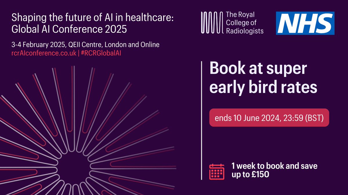 Super early bird ends in one week! Join us at #RCRGlobalAI for an inspiring two days covering all clinical specialties. Hear from inspirational global #AI leaders, learn from practice and get updates on the latest cutting-edge developments. Book now: bit.ly/4dxVyCq