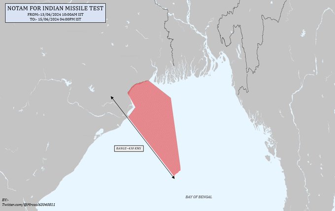 India Issues NOTAM for Potential Missile Test in Bay of Bengal Between June 13th and 15th, 2024
