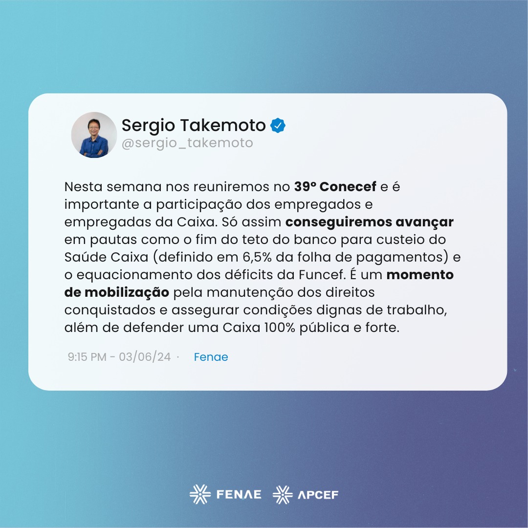 fenaefederacao's tweet photo. 🗣️✊ O 39º #Conecef será realizado entre os dias 4 e 6 de junho, em São Paulo. O fim do teto do banco para custeio do #SaúdeCaixa (definido em 6,5% da folha de pagamentos); o equacionamento dos déficits da #Funcef.
@sergio_takemoto https://t.co/rHwFWce3EV