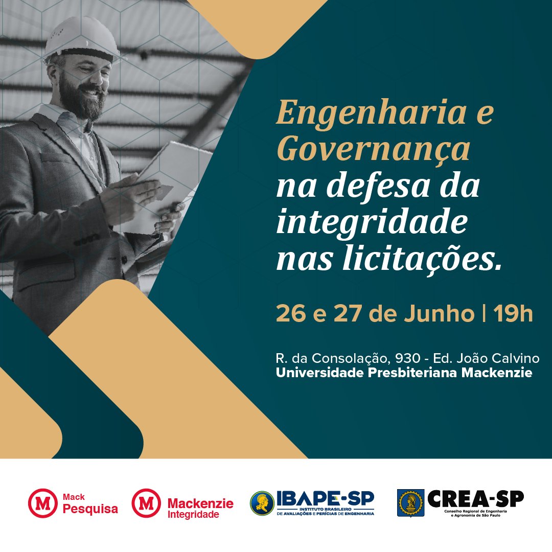 creasp's tweet photo. O Crea-SP, em parceria com Ibape-SP e a Universidade Presbiteriana Mackenzie, realizam nos dias 26 e 27/06 o evento Engenharia e Governança na defesa da integridade das licitações.
➡️ Evento gratuito.
➡️ Inscreva-se em https://t.co/cqyD9lSwIj
#creasp https://t.co/9ReJKmI8Ra