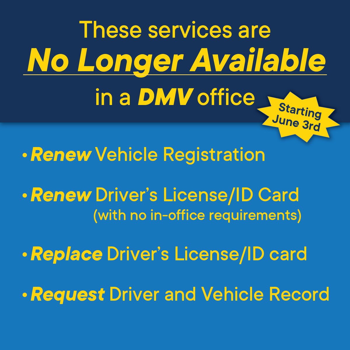 CA_DMV's tweet image. Beginning TODAY, the #CADMV will no longer process simple transactions in offices that can easily be completed online or through other convenient options.
 
#GoOnline 👉 dmv.ca.gov/online
 
Or find a kiosk near you 👉 dmv.ca.gov/kiosks/