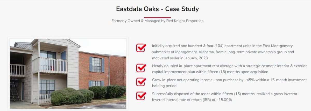 JUST CLOSED! Pleased to announce Red Knight Properties' disposition of Eastdale Oaks, a 104-unit apartment community in Montgomery, Alabama!

* ~15% Gross IRR (Internal Rate of Return) In 15 Months *

To learn more, schedule a call here: redknightproperties.com/investwithus/ <a href="/redknightprop/">Red Knight Properties</a>