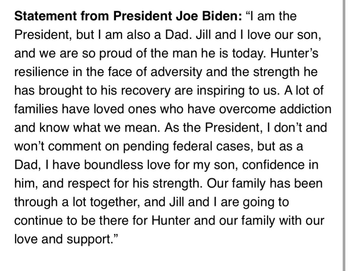 As Hunter Biden’s trial begins in federal court in Wilmington, Delaware, his father, Joe Biden, has released the following statement: