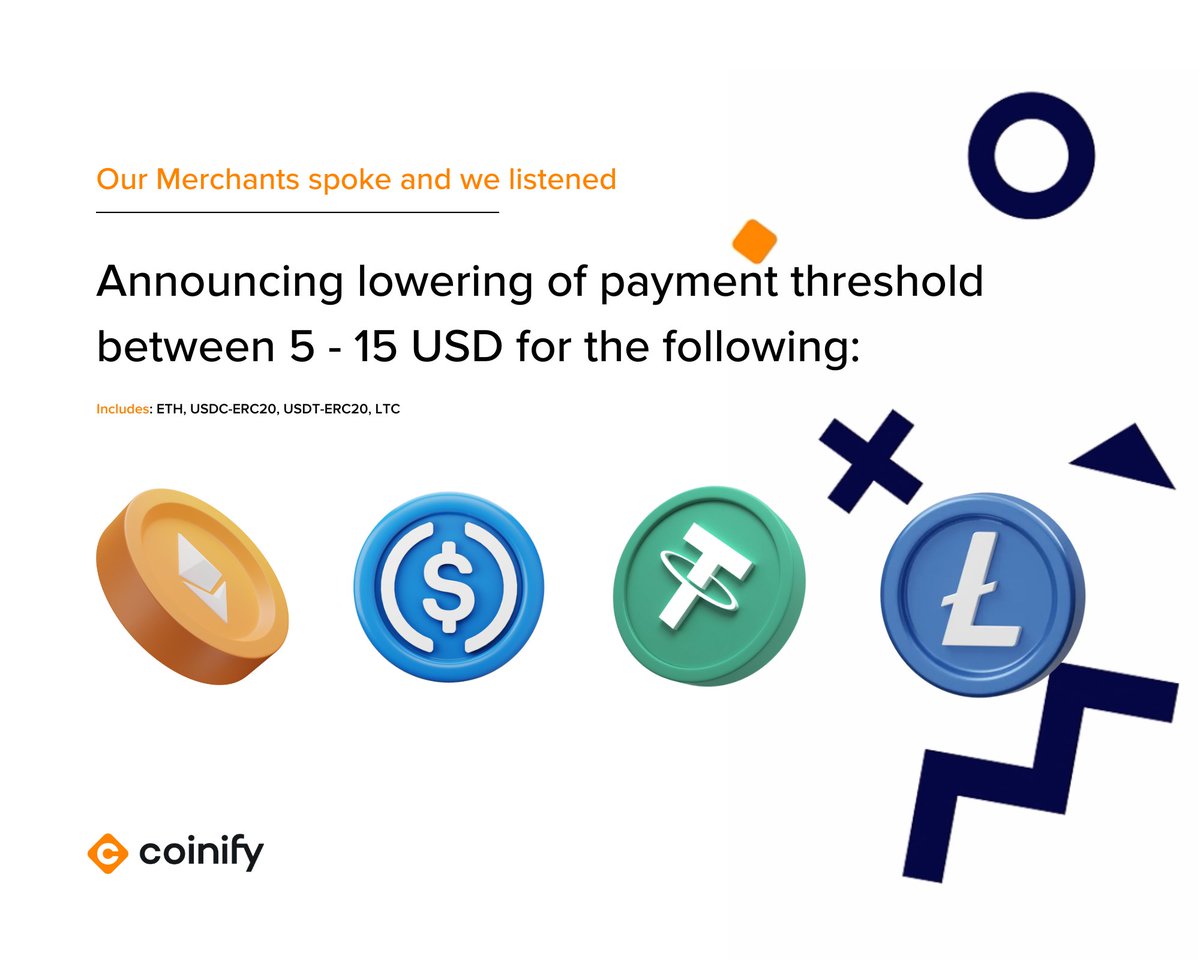 📢 Exciting news to our Merchants! Lower Payment Thresholds!📢 Merchants  can now make small payment intents ranging from $5 to $15 using the  following #cryptocurrencies: ✓ Ethereum (#ETH) ✓ USD Coin (#USDCERC20) ✓  Tether (#USDTERC20) ✓ Litecoin (#LTC)
