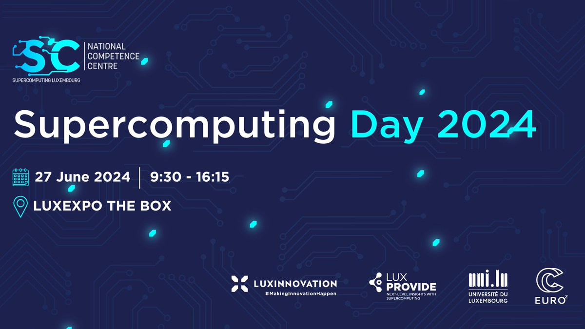 SuperComputing Luxembourg (@eurocc_lux) on Twitter photo 🚀 Unlocking the Future with Supercompting Day!
Imagine a world where innovation accelerates, and data turns into groundbreaking insights. This is the power of supercomputing, and it's happening right here in #Luxembourg!
📢Stay tuned for more details 
➡️events.eurocc.lu/supercomputing… 🚀 Unlocking the Future with Supercompting Day!
Imagine a world where innovation accelerates, and data turns into groundbreaking insights. This is the power of supercomputing, and it's happening right here in #Luxembourg!
📢Stay tuned for more details 
➡️events.eurocc.lu/supercomputing…