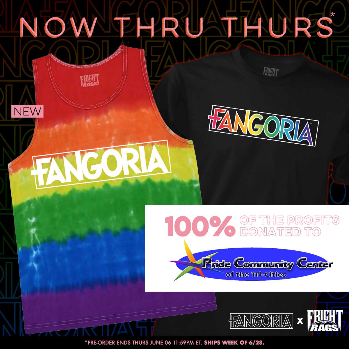 frightrags's tweet image. HAPPY PRIDE! Go grab your NEW Limited Edition FANGORIA PRIDE 2024 Tank Top &amp;amp; Tee now! Pre-order ends this Thursday June 06 at 11:59pm EDT (ships week of 6/28). 100% PROFITS donated to PRIDE COMMUNITY CENTER OF THE TRI-CITIES. 👉 SHOP: bit.ly/3KMyYct  ❤️🧡💛💚💙💜🖤🤎🤍