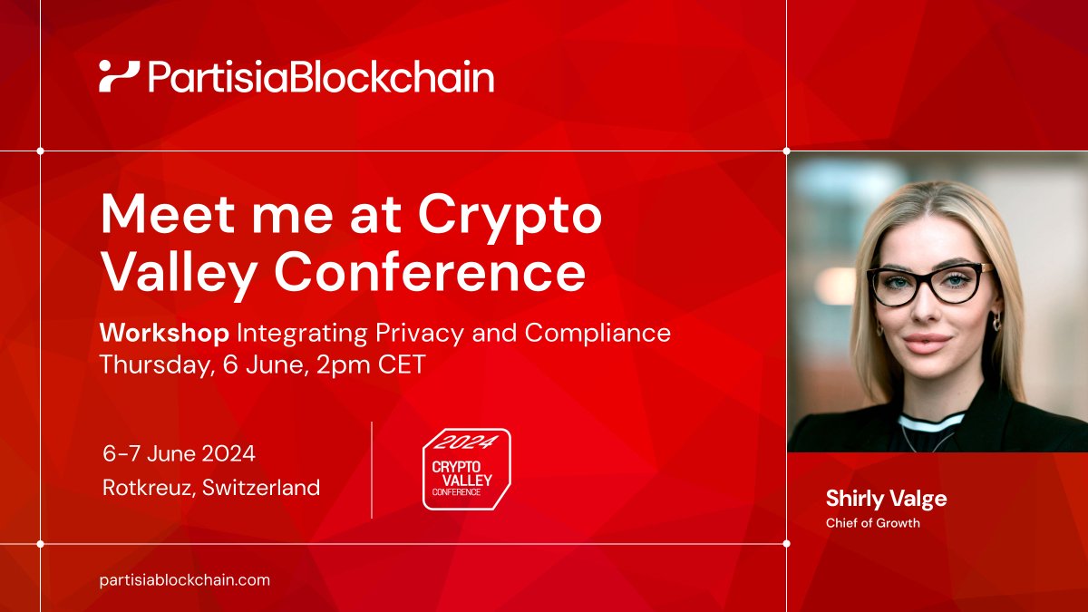 partisiampc's tweet image. Excited for the Crypto Valley Conference! 🚀 Meet our Chief of Growth, @ShirlyValge, this Thursday at 2pm CET. Join her workshop on Integrating Privacy and Compliance and learn more about what we're building. Don't miss it!

@thecryptovalley #CVC24 #PartisiaBlockchain
