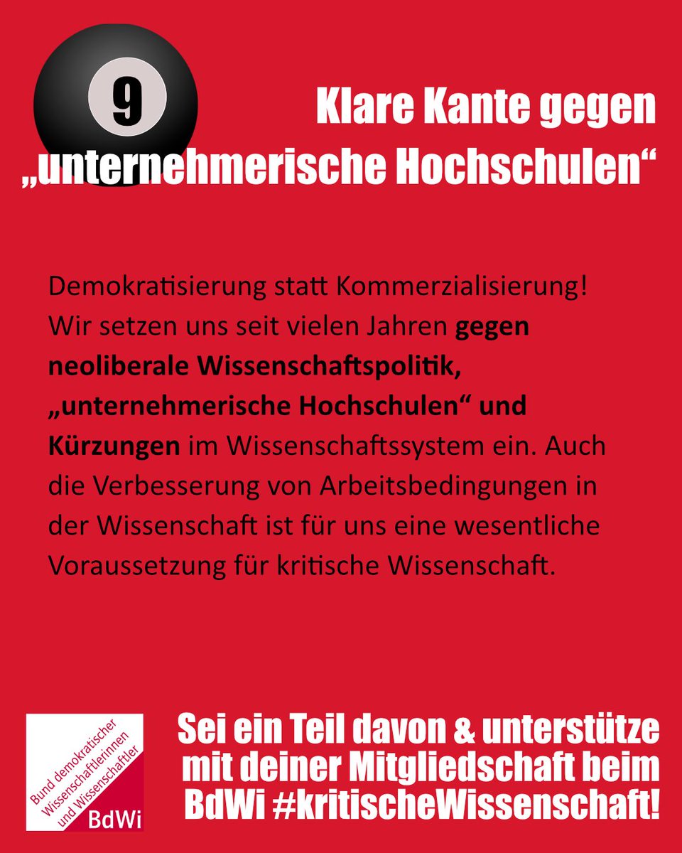 9️⃣ Seit der neoliberalen Wende in der Hochschulpolitik der 1990er werden unsere Hochschulen immer mehr zu "unternehmerischen Hochschulen" umgebaut.

➡️ Tu was dagegen &amp; unterstütze unseren Kampf gegen die Kommerzialisierung von Wissenschaft &amp; Hochschule: bdwi.de/bdwi/mitglied/…
