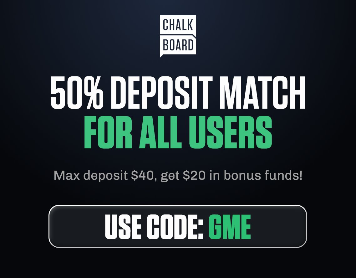 ChalkboardHQ's tweet photo. 50% Deposit Match 🫶

Use Promo Code: GME

Max deposit $40, get $20 in bonus funds!
