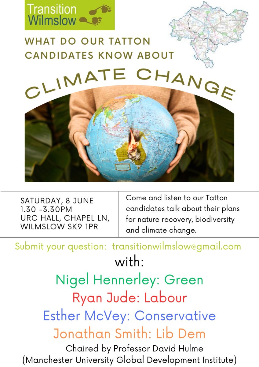 On Saturday June 8, GDI's David Hulme will chair a hustings with Tatton candidates to find out what they know about climate change ahead of the upcoming election...🌍

The event is free to attend and open to everyone!
Find out more in the post below or at this link: