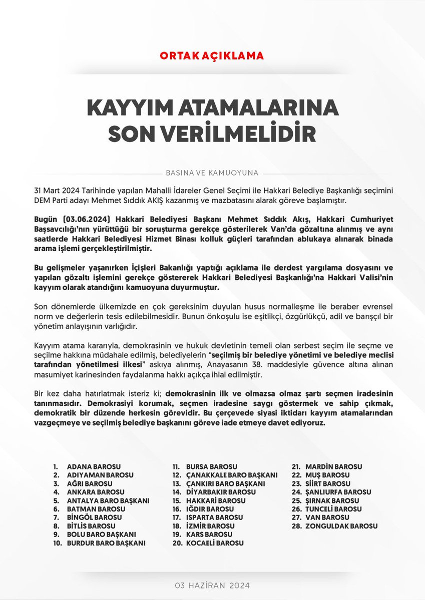 ORTAK AÇIKLAMA

KAYYIM ATAMALARINA SON VERİLMELİDİR